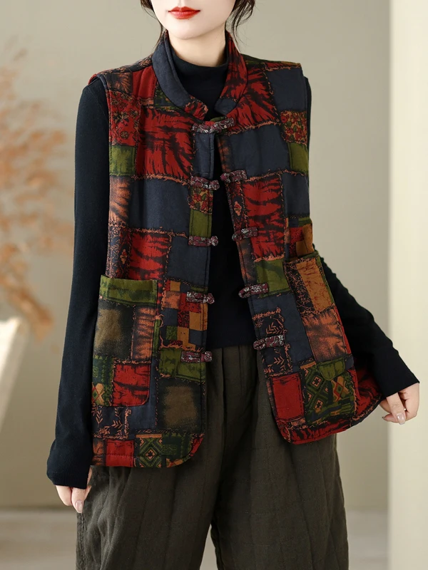 Artistic Vintage Chinese Style Women's Cotton Linen Print Button Warm Vest Tank Top Composite Fabric Daily Wear Winter Thickened