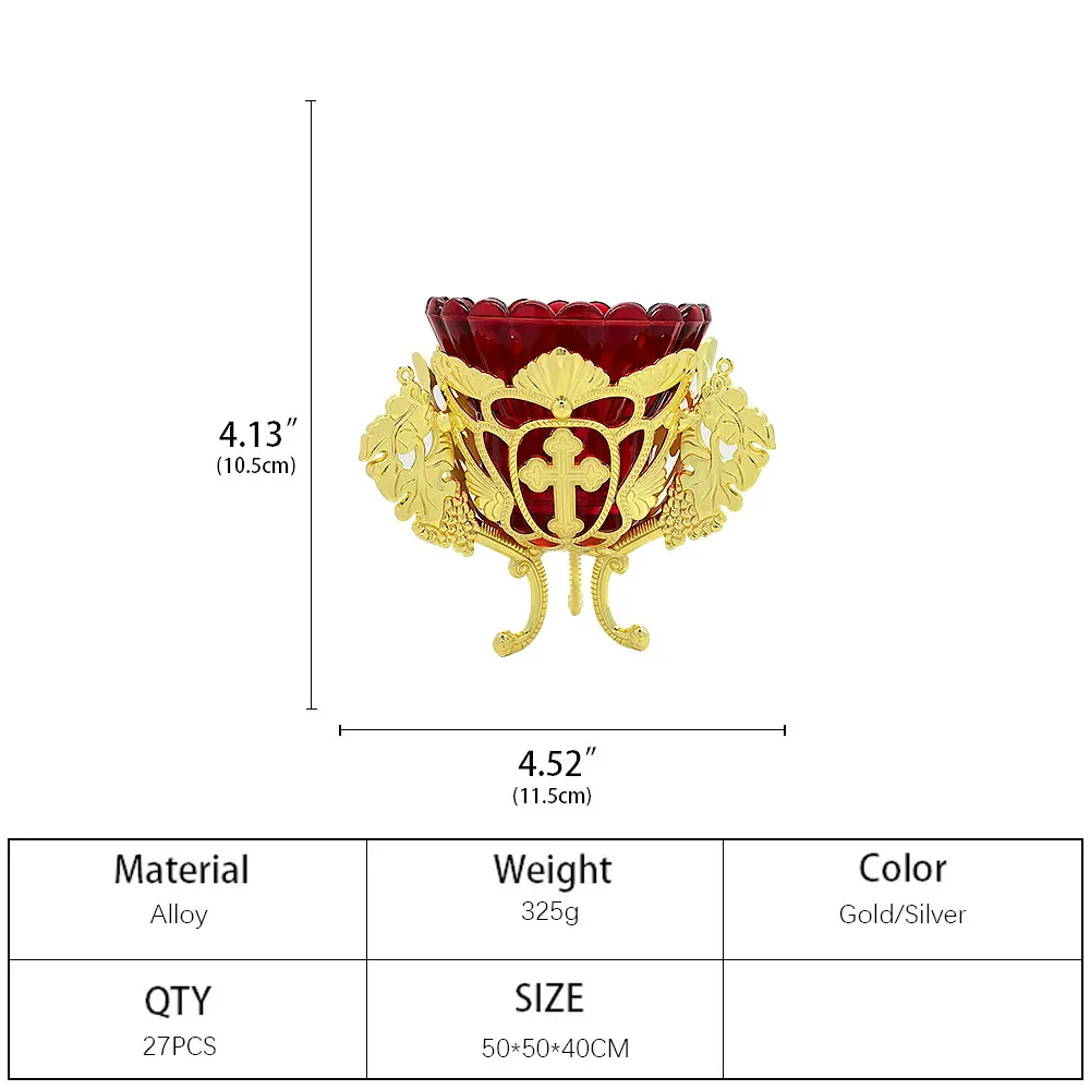 Byzantine Orthodox Vigil Lamp Gold Metal Filigree Red Glass Lampada with Cross Ornate Candle Holder for Home Altar Christian Rel