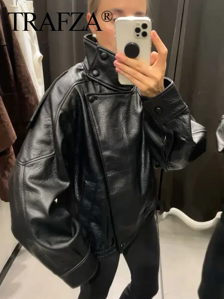 

TRAFZA Autumn Women's Street Fashion Loose Leather Jacket Long Sleeves Turtleneck Zipper With Pockets Asymmetric Vintage Coats