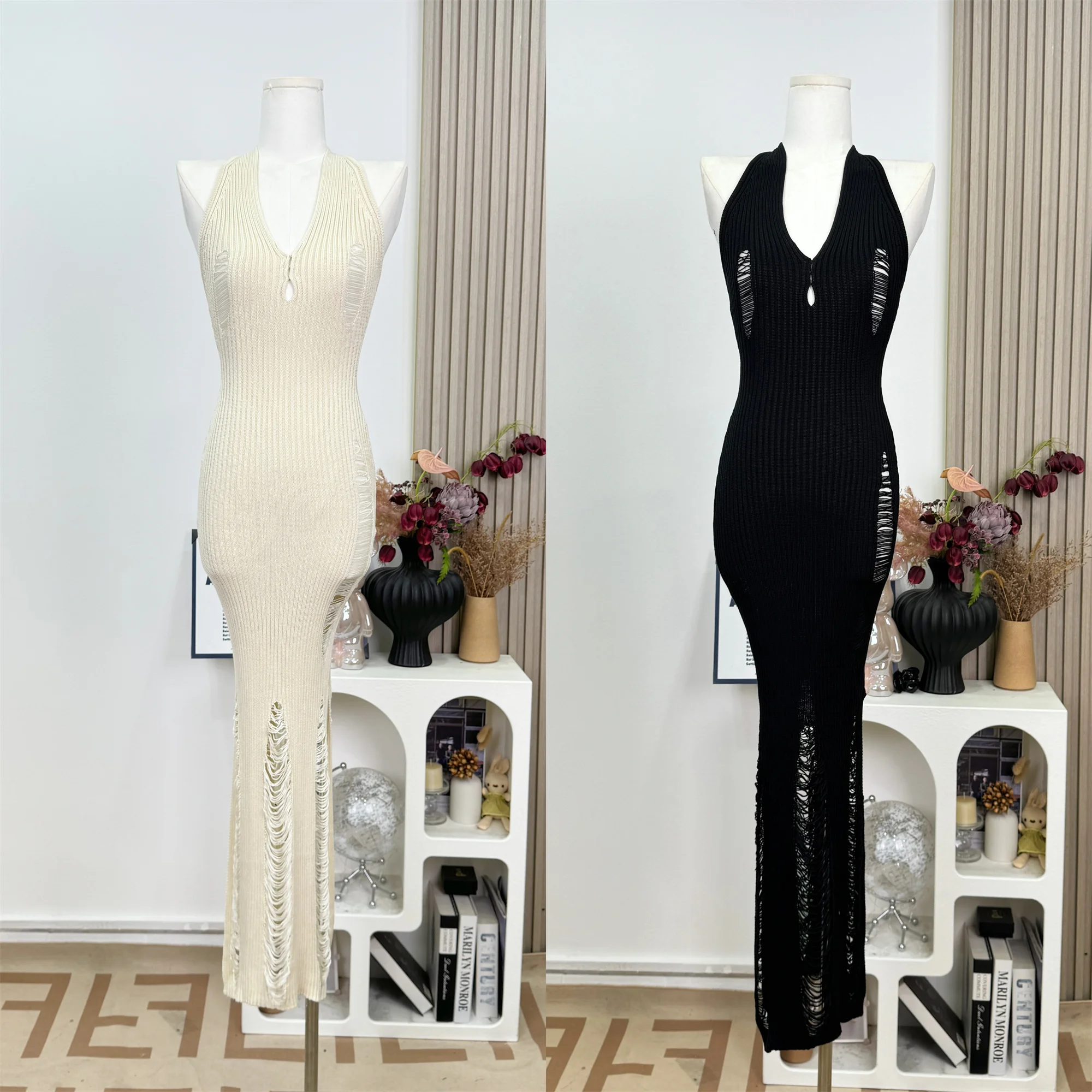 

Summer Women French Vintage Maxi Sleeveless Damage Knit Dress Bodycon Frock Grunge One-Piece Evening Party V-Neck Prom Gown