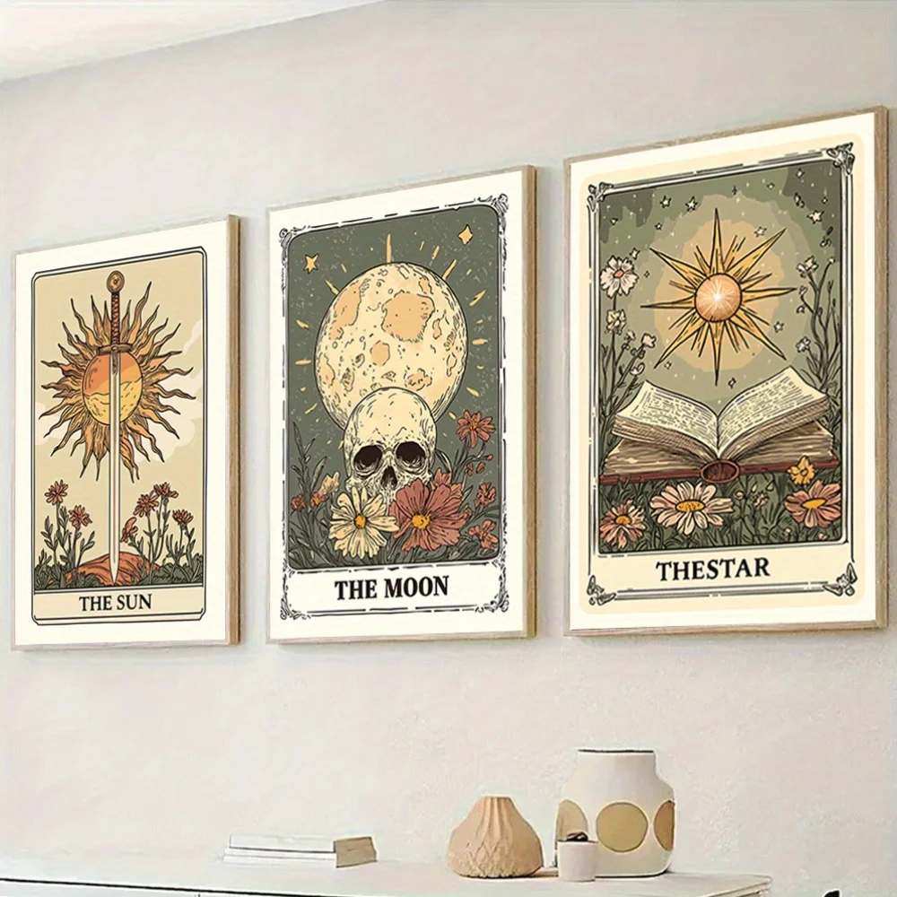 （3PCS NOFrame）-3pcs Set Unframed Canvas Art - Sun, Moon & Star Tarot Cards, 15.7x23.6 Inch, Vibrant Wall Decor for Bedroom, L