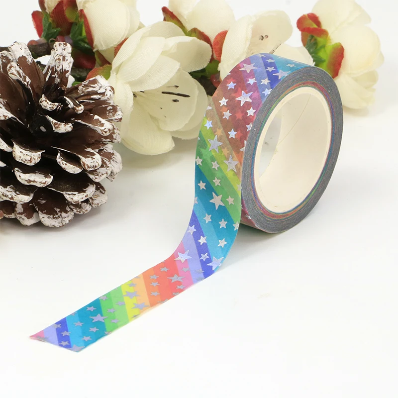 1PC. 10M Deco Silver Foil Rainbow Stars Washi Tape for Planner Scrapbooking Adhesive Stickers Masking Tape Cute Kawaii Papeleria