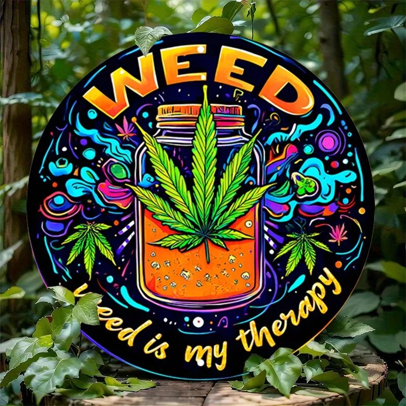 1 علامة قصدير معدنية من الألومنيوم مخدر ، علامة ألومنيوم مستديرة على شكل قنب ، علامة ألومنيوم مستديرة ملونة-فن جدار معدني مريح #1