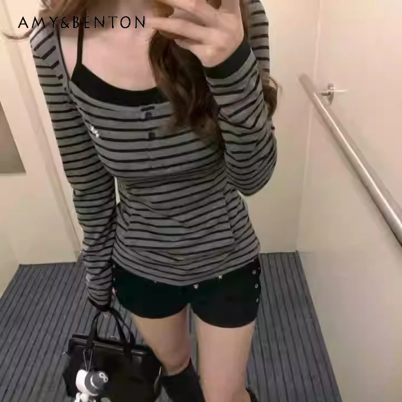 

Американский пуловер с капюшоном, женская футболка с длинным рукавом, осенняя новая полосатая искусственная двухсекционная утягивающая универсальная футболка для женщин