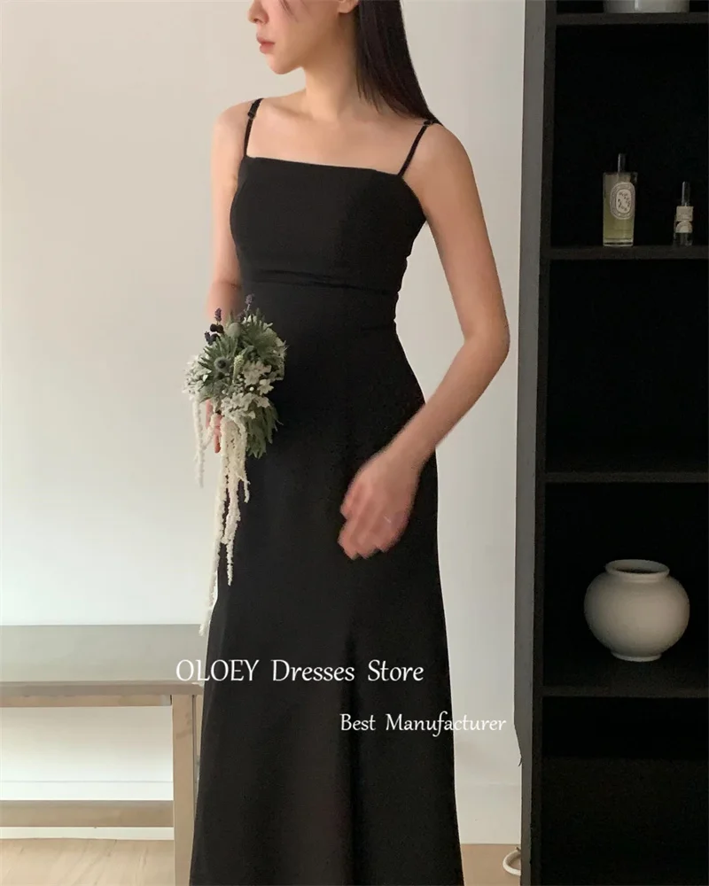 OLOEY-simples preto vestidos de noite, Coréia Photoshoot Bolero, cintas de espaguete, Stretch Satin Prom Gowns, Wedding Party Dress