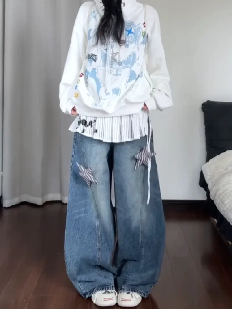 

Retro American High Street Spicy Girl Knife Wide Leg Jeans Women's Loose Slimming Floor Length Trousers Casual Denim