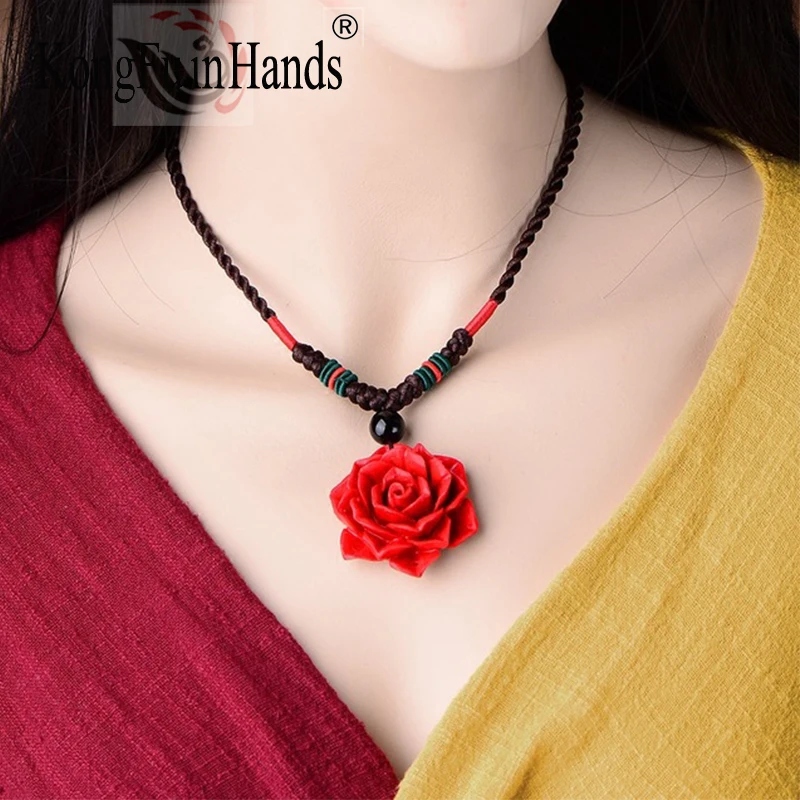 Chinese Style Red Flower Women Pendant Female Clothes Accessories Simple Decoration National Style Necklace Clavicle Chain