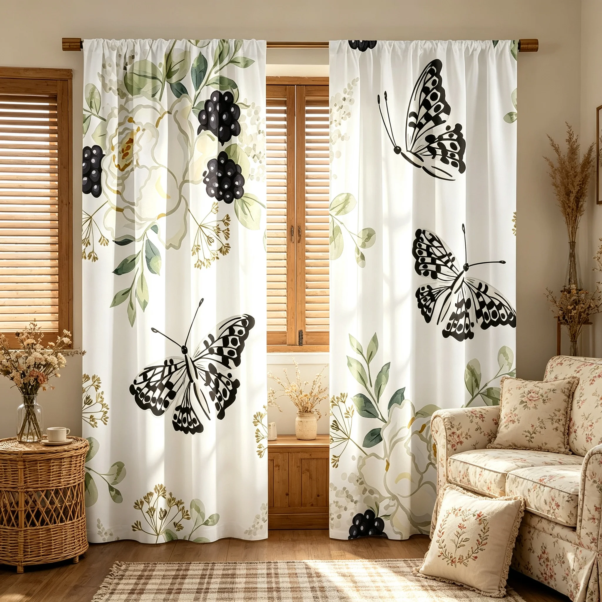 2-Piece Butterfly Print Heat Insulating Light Blocking Curtains 100% Polyester Fiber Machine Washable Modern Rod Pocket Suitable
