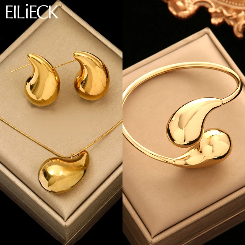 EILIECK 316L Stainless Steel Glossy Water Drops Necklace Bracelet Earrings Set For Women New Party Gift Waterproof Jewelry Set