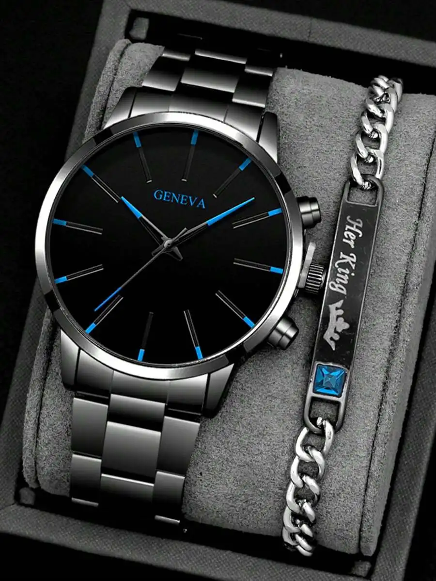 

Мужские черные кварцевые часы из нержавеющей стали с синими акцентами и комплектом браслетов-цепочек в тон