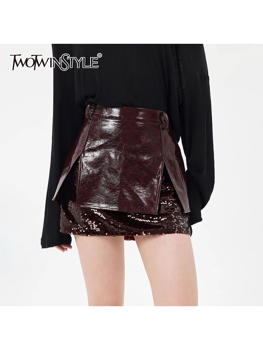 

Новая женская кожаная юбка TWOTWINSTYLE с высокой талией, разрезом и пайетками, винно-красная, облегающая, с дизайнерскими вставками