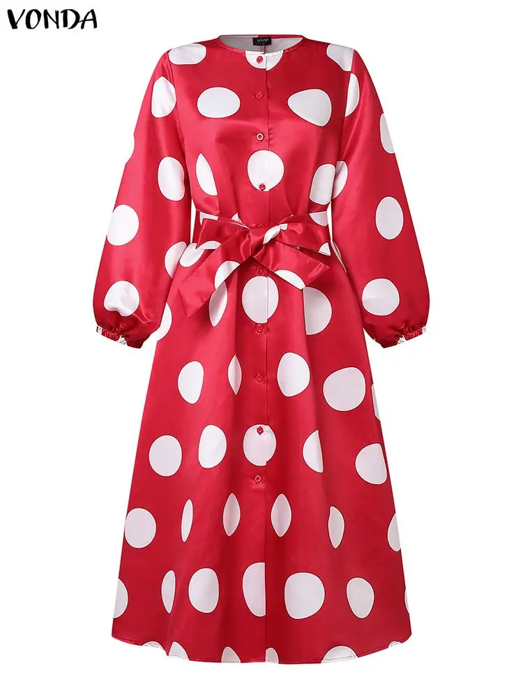 

Плюс размер 5XL VONDA богемное женское длинное платье в горошек женское длинное платье с рукавами-фонариками и принтом вечерние халат с поясом повседневное свободное платье