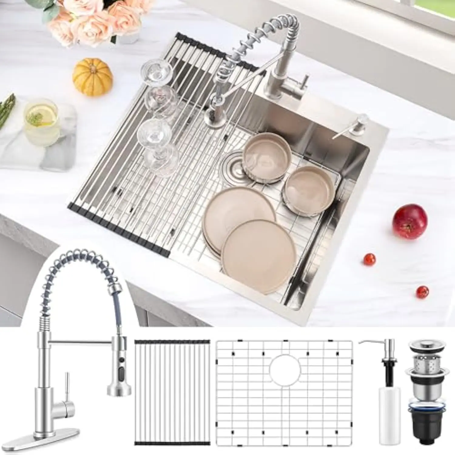 

25×22 Inch Drop in Single Bowl Kitchen Sink with Faucet Combo, Stainless Steel 10'' Deep Utility Sink for Rv Bar Outdoor Farmh