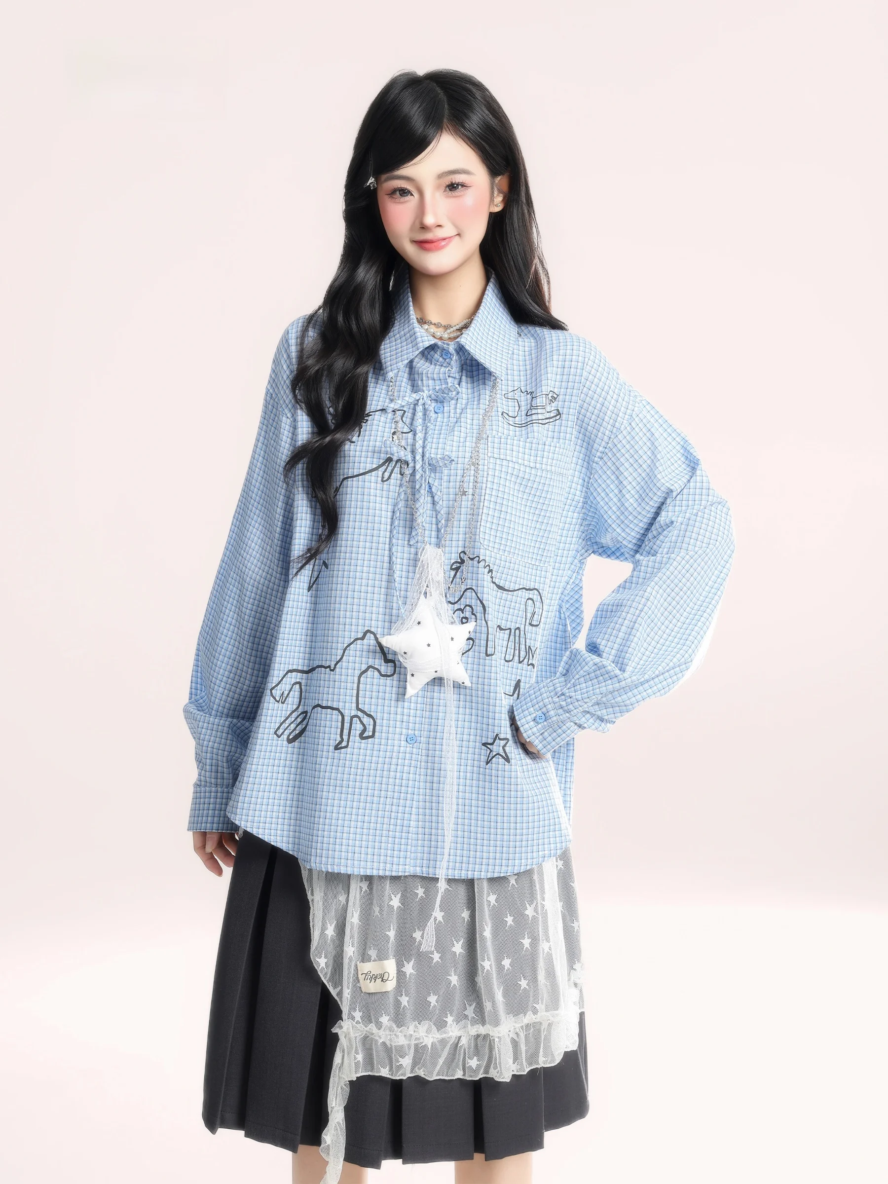 

HM American Retro Cartoon Print Long Sve irt Women's Spring New Loose Casual irt Comfortable Breathable Korean...