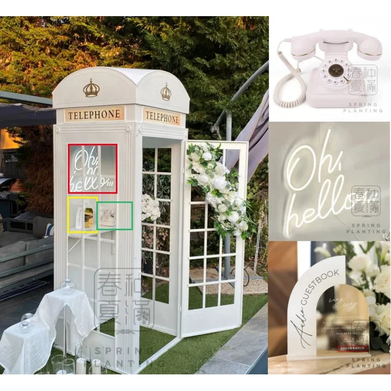 

Декоративный телефонный будка-кабинет в стиле Лондонской телефонной будки с аудио-гостевой книгой и неоновой подсветкой, белый, для свадебного оформления.