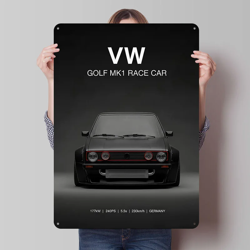 Schwarzes VW Golf MK1 Rennwagen Metallposter – Individuelle Wandkunst, Retro Vintage Blechschilder für Männerhöhle, Gaming-Raum-Dekoration, Gemütlich