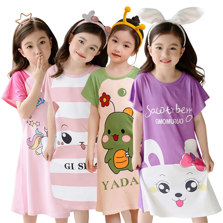 Children Sleepwear Girls Short Sleeve Cartoon Dinosaur Bunny Unicorn Nightgowns Comfort and Trendy Sleep Dress Summer Pajamas