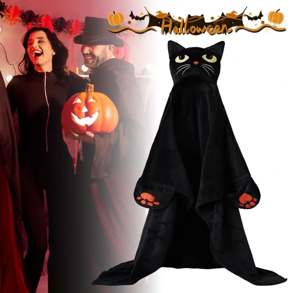 Halloween Wearable Hoodie Blanket for Adults Soft Flannel Hooded Cloak with Pocket Pumpkin Black Cat Cosplay Costume