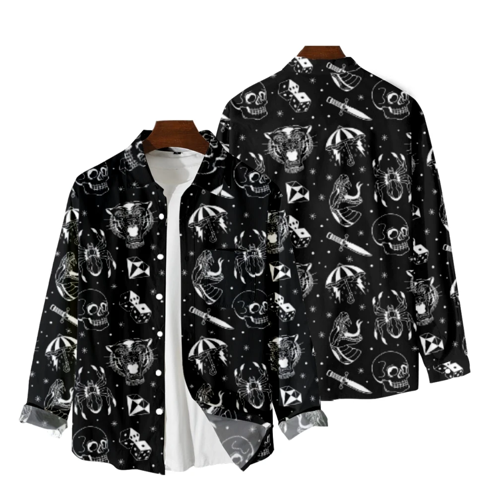 

Men's Skull Pattern Long Sleeve Shirts Autumn Korean Shirt Woman Fashion Casual Oversize Shirt Printed Clothing 2