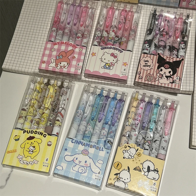 6 Stück Sanrio Hallo Kitty Pochacco Cinna moroll Kuromi Melodie Cartoon Press stift Schnellt rockn endes Gel Stift Briefpapier Schul material