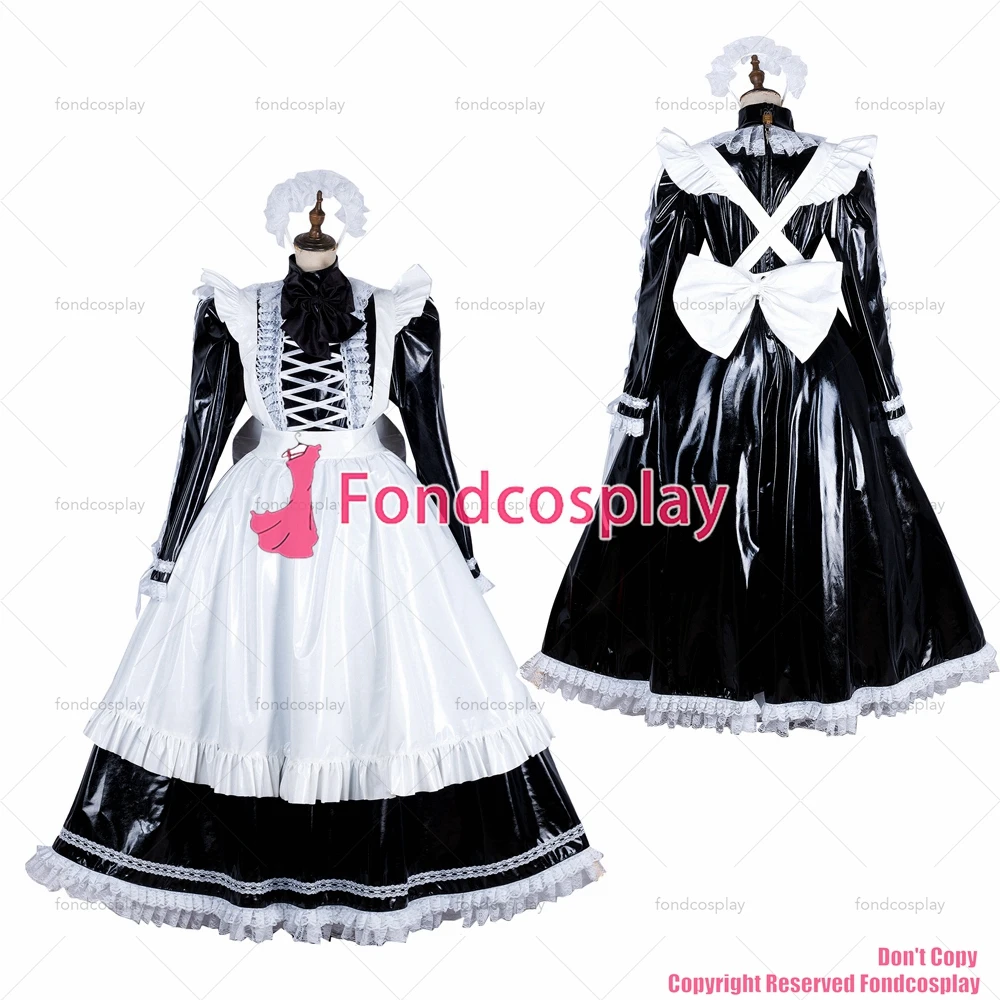 fondcosplay adult sexy cross dressing sissy maid long lockable black thin PVC vinyl dress Uniform white aporn CD/TV[G1807]