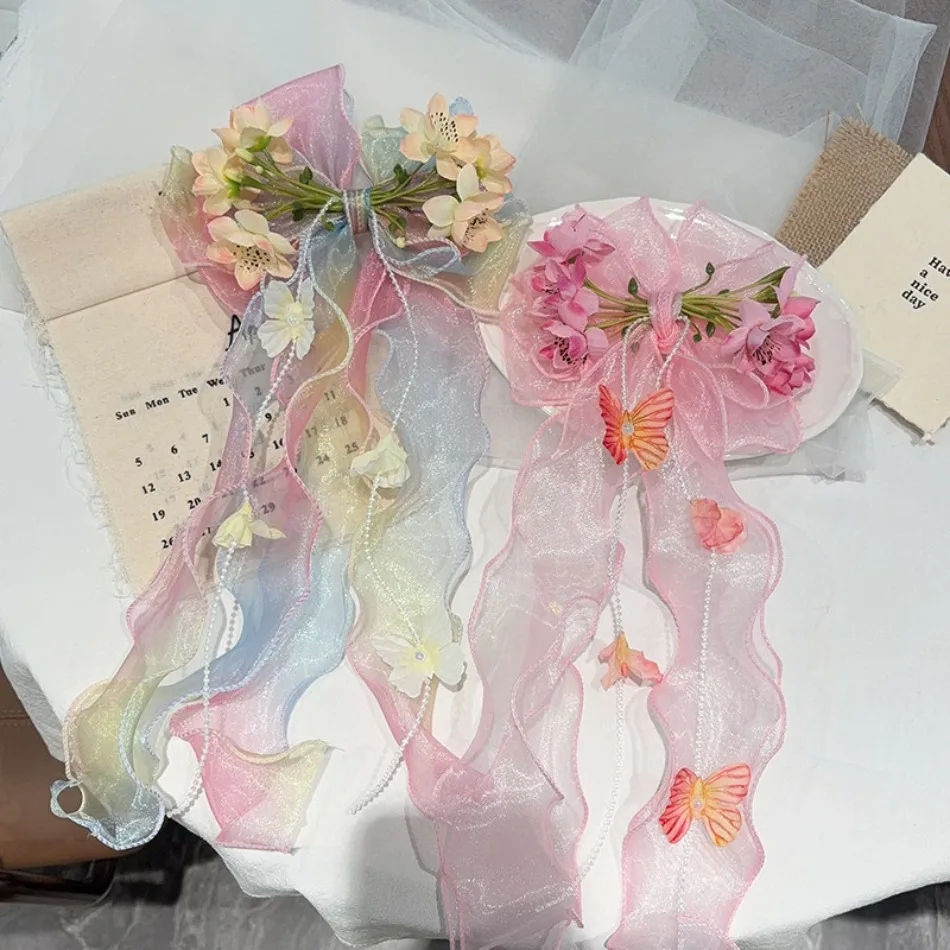 Girls 3D Flowers Bow Hairpin Parent-Child Headgear Women's Small Fresh Mesh Flower Ribbon Fringed Beach Wedding Headgear HP01