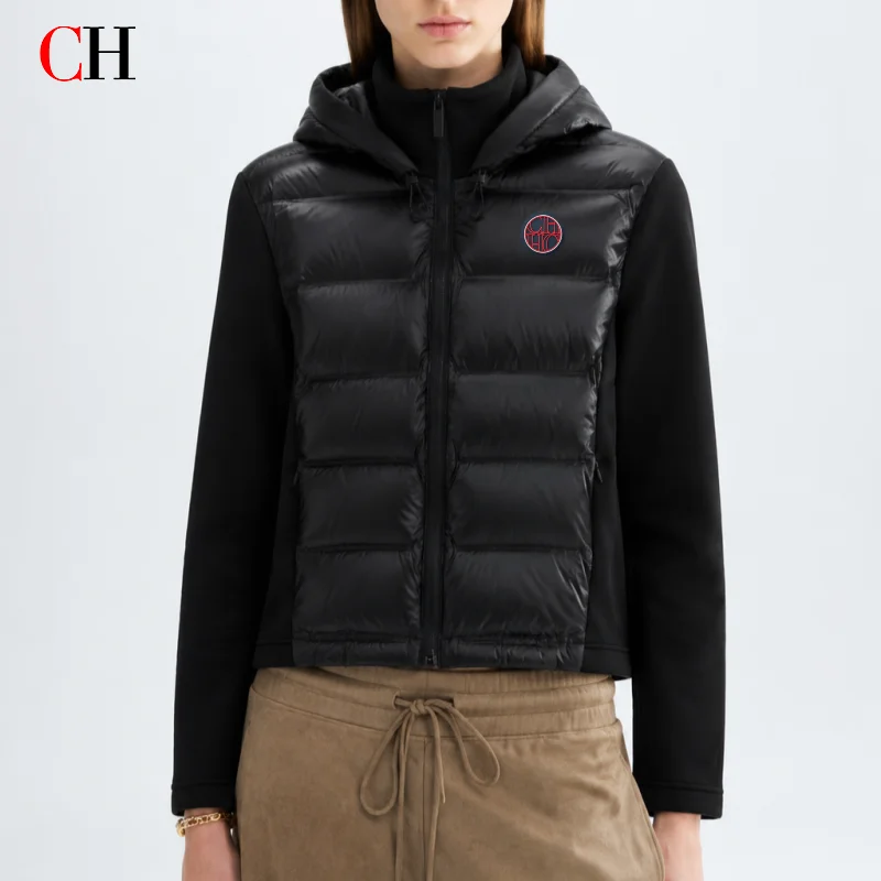 CH Womens Round Sew On Patch Detail Horizontal Quilted Hooded Padded Jacket Full Zipper Casual Daily Wear