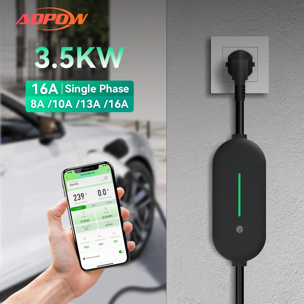 

ADPOW Portable 16A Type2 EV Charger 3.5KW 5M Cable Type B AC EVSE Current Adjustable Wallbox Charging Accessories for EV Cars