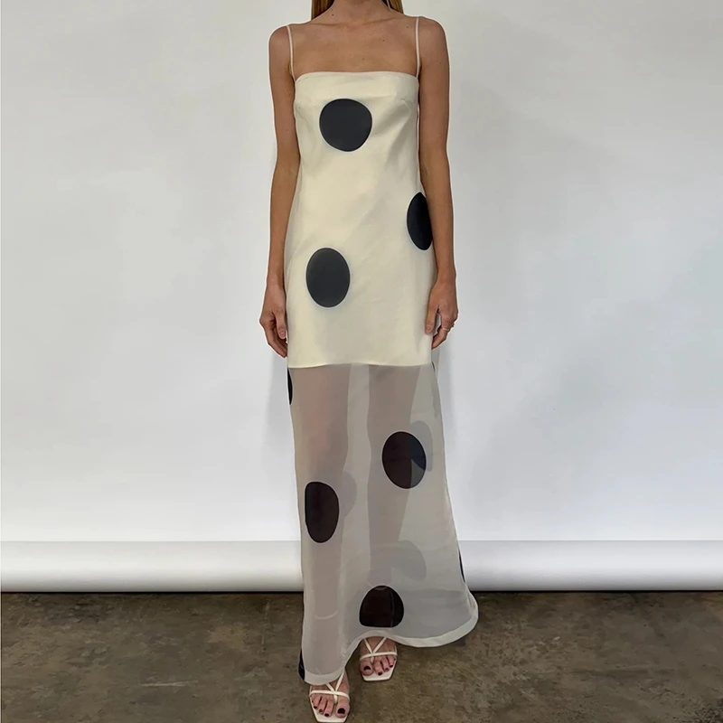 Robe longue à pois pour femme, bretelles spaghetti, maille transparente, robe longue sexy sans manches, dos nu, robes d'été élégantes pour femmes