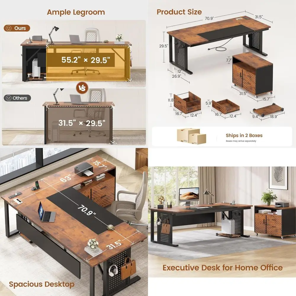 

71-дюймовый представительский стол с выдвижным шкафом на колесиках, большой офисный стол с ящиками, L-образный компьютерный стол с розетками, подставкой для телефона, Pegbo