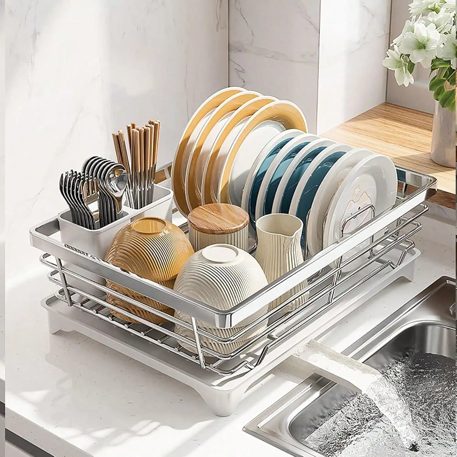 Dish Drying Rack,Large Stainless Steel Rust Resistant Dish Rack For Kitchen Counter,Dish Drainer With Utensil Holder And Drainbo