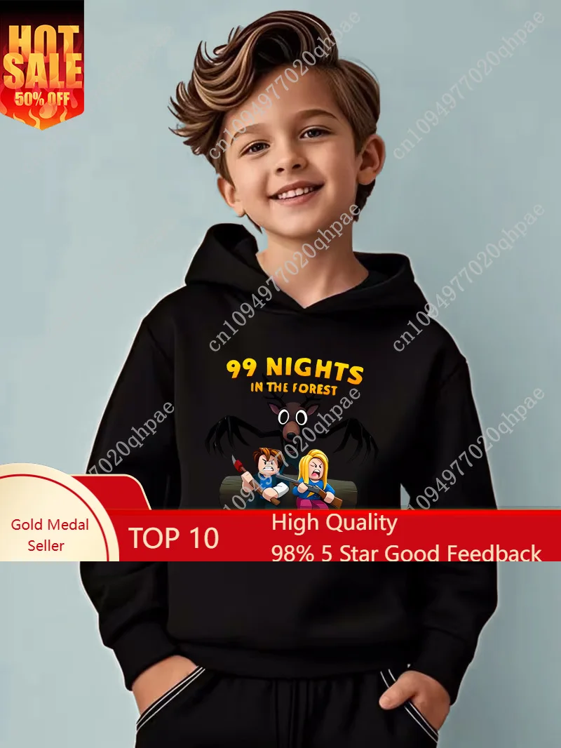 

99 Night Forest Adventure Cartoon Partner Printed Children's Black Hooded Sweatshirt