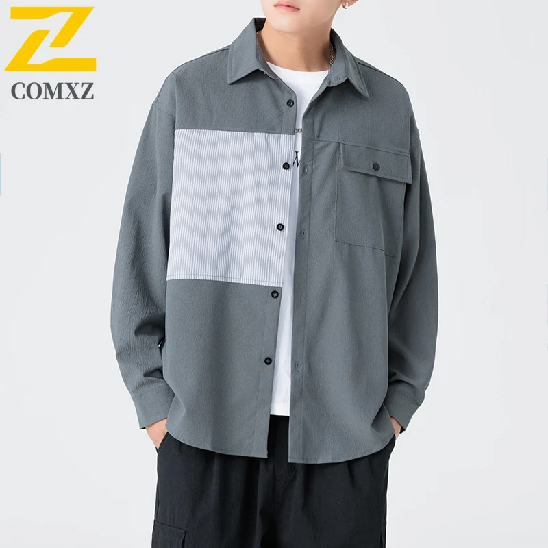 New Men's Shirt Spring and Autumn 2025 Street Vintage Patched Striped Top Individuality Versatile Trendy Shirt Collar Men's Wear