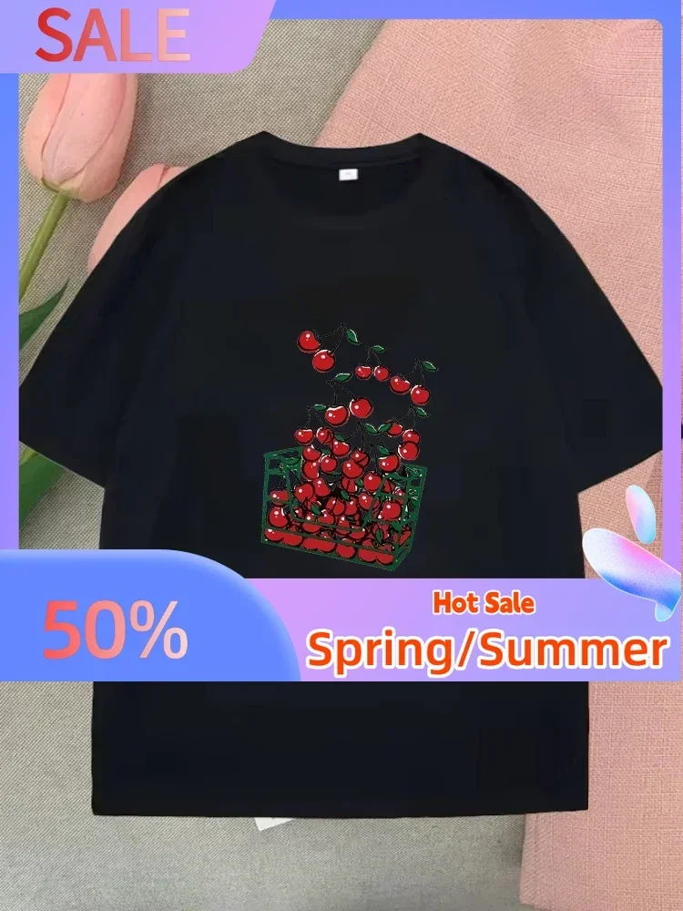 

A Basket of Cherries Printing Female Tee Shirt Breathable Casual T-Shirts Summer Short Sleeve Soft Loose Streetwear Women