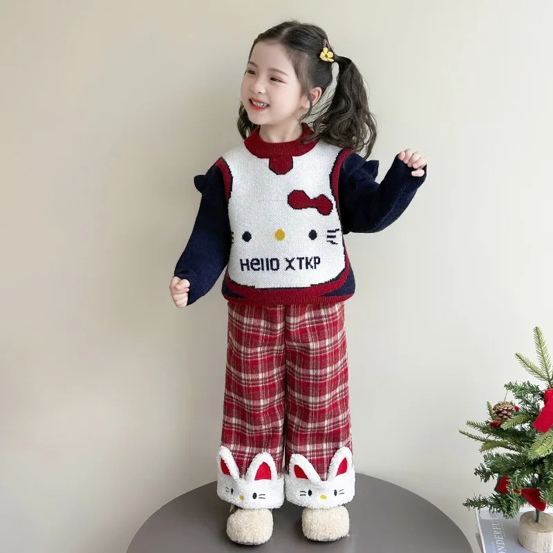 

Kawaii Hello Kitty Sanrio Children Cute Cartoon Comfortable Warm Hoodie Cotton Padded Sportswear Trousers Birthday Gift for Kids