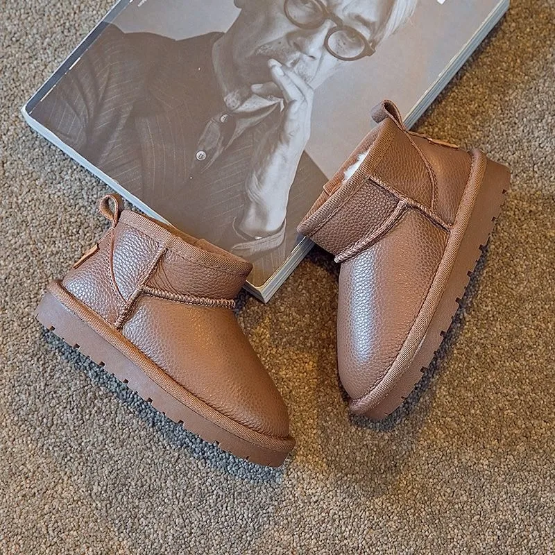 أطفال جلد طبيعي الثلوج الأحذية 2026 شتاء دافئ أحذية بوت قصيرة للبنين بنات سميكة صوف مبطن المضادة للانزلاق حذاء طفل صغير #5