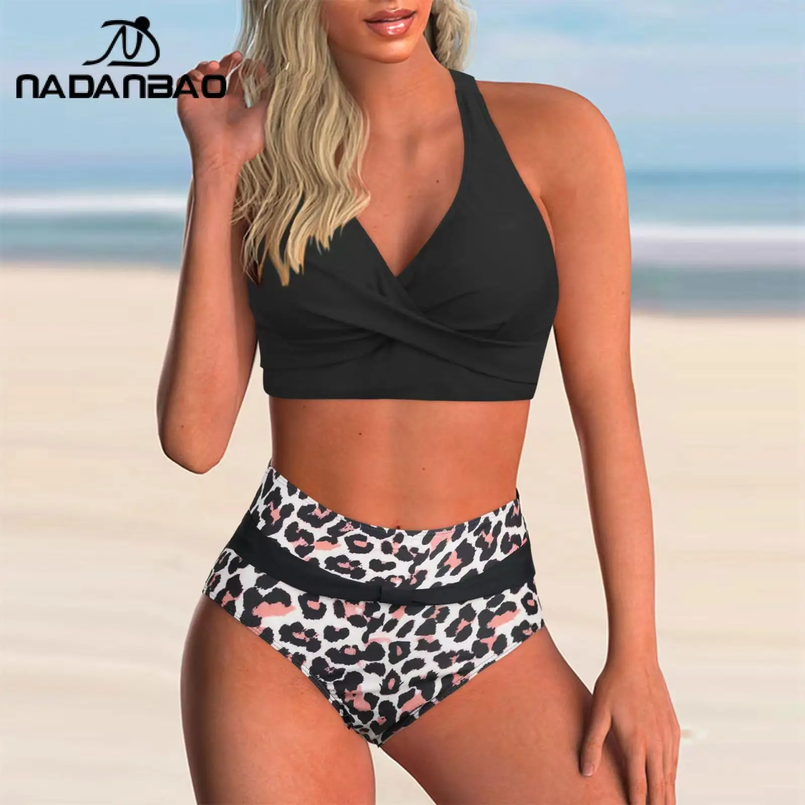 Nadanbao New Bikini Sexy V-Neck Print Two Piece Swimwear Bikini High Waist Bikini Beach Casual Swimsuit pool 2025 Summer - Image 6