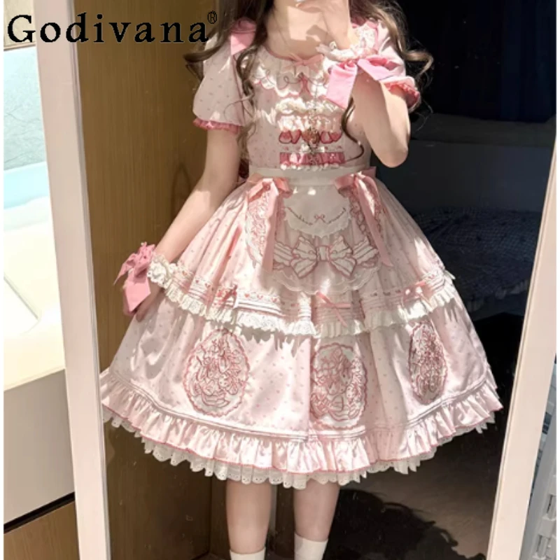 

Pink Strawberry Embroidered Short Sleeve Lolita Dresses Fashion High Waist A-line Cute Peter Pan Collar Gentle Princess Dress