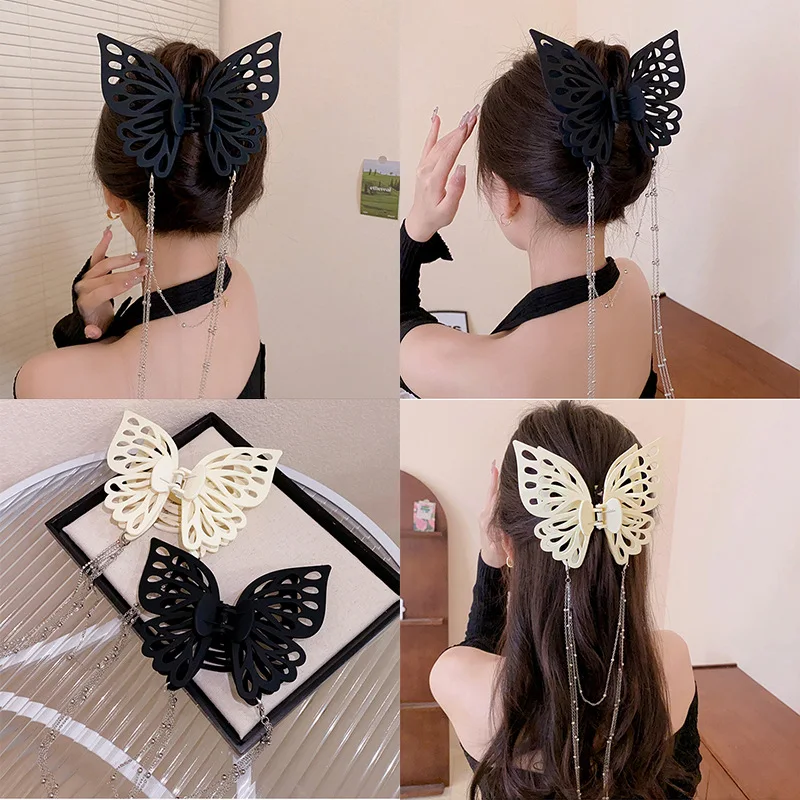 New Female Large Size Butterfly Tassel Hair Claw Simple Solid Color Ponytail Claw Clip Girls Woman Headwear Hair Accessories