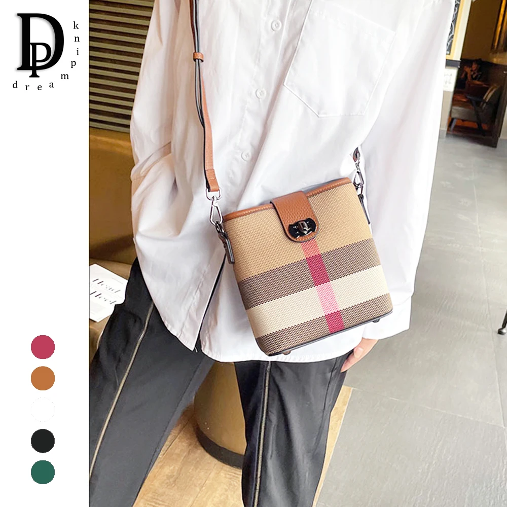 Fashion Stripe Canvas Women Shoulder Bag Luxury Plaid Leather Female Bucket Messenger Bag Retro Lady Crossbody Purse Handbag