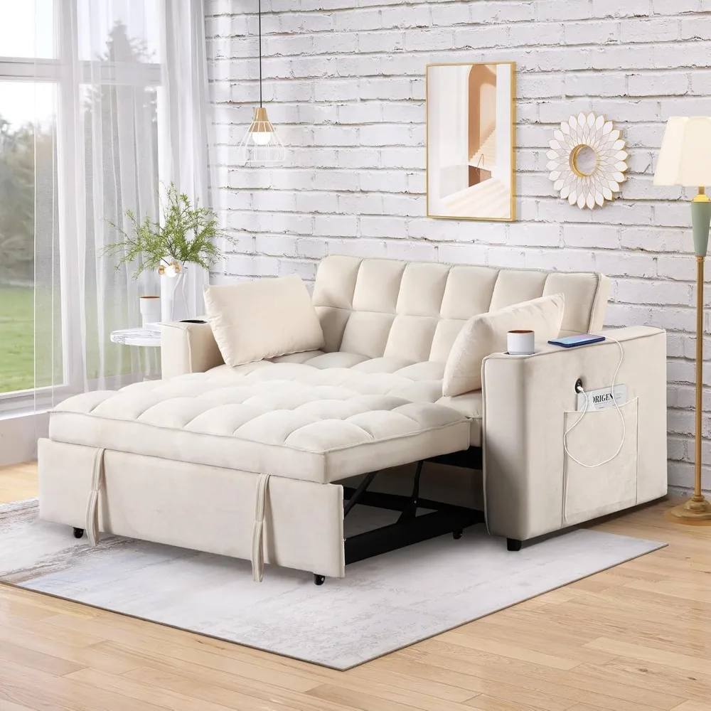 مقعد Loveseat مع سرير قابل للسحب مقاس 55.3 بوصة، وسرير أريكة مخملي قابل للتحويل مع حامل أكواب ومنفذ USB، ووسادتين، وBAC قابل للتعديل #2