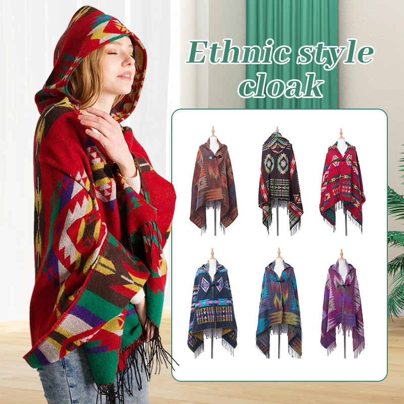 Spring Autumn Women Hooded Poncho Cape Cloak Fringed Tassel Shawl Wrap Sweater Bohemian Style Shawl Scarf Coat