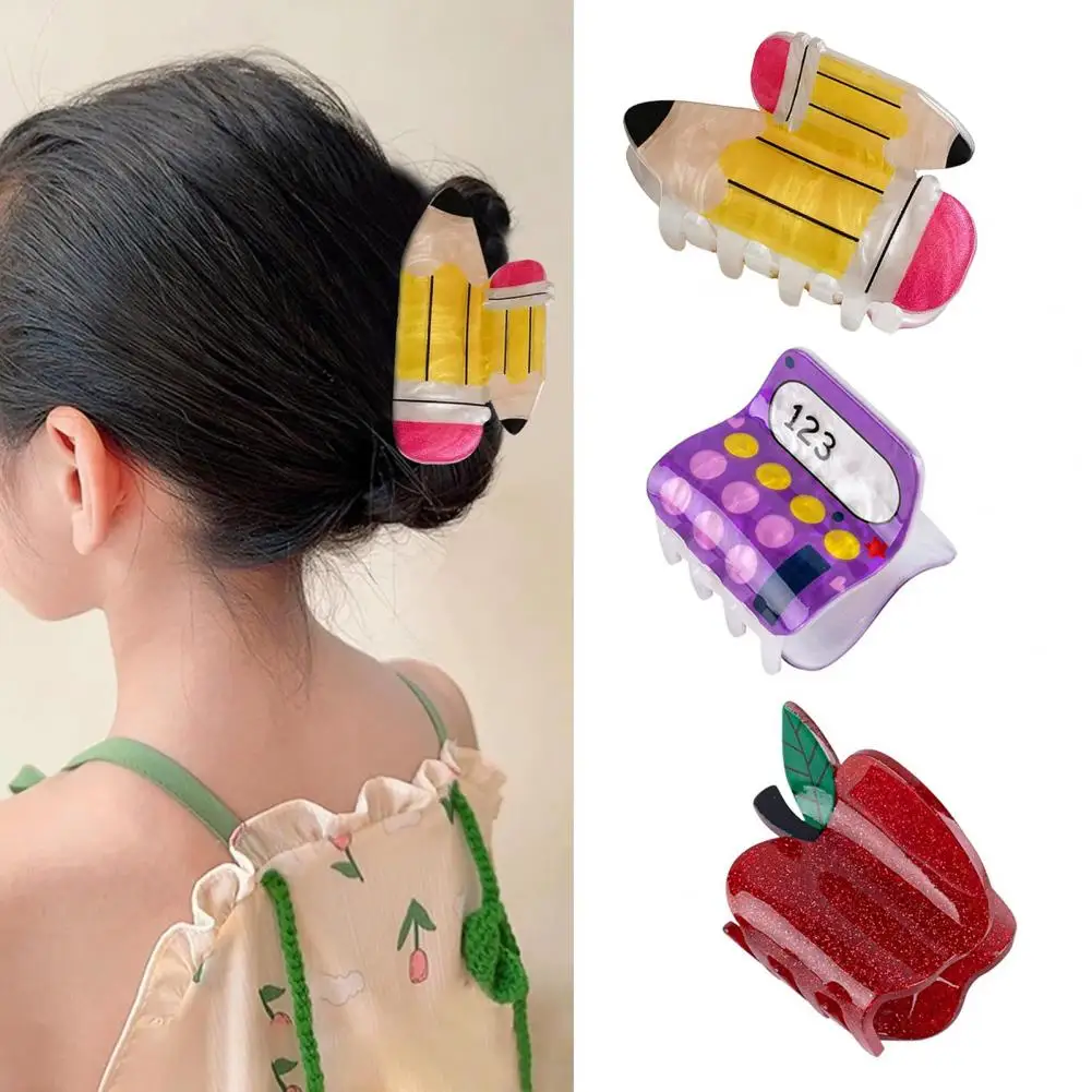 1pc Cartoon Cute Acrylic Cartoon Back To School School Bus Pencil Apple Calculator Style Hair Clip Acrylic Hair Claw Accessories