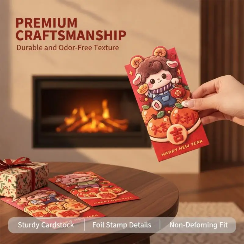 2027 Sheep Year Spring Festival Lucky Money Pockets 6Pcs Cartoon Red Envelopes for Lunar New Year Gifting