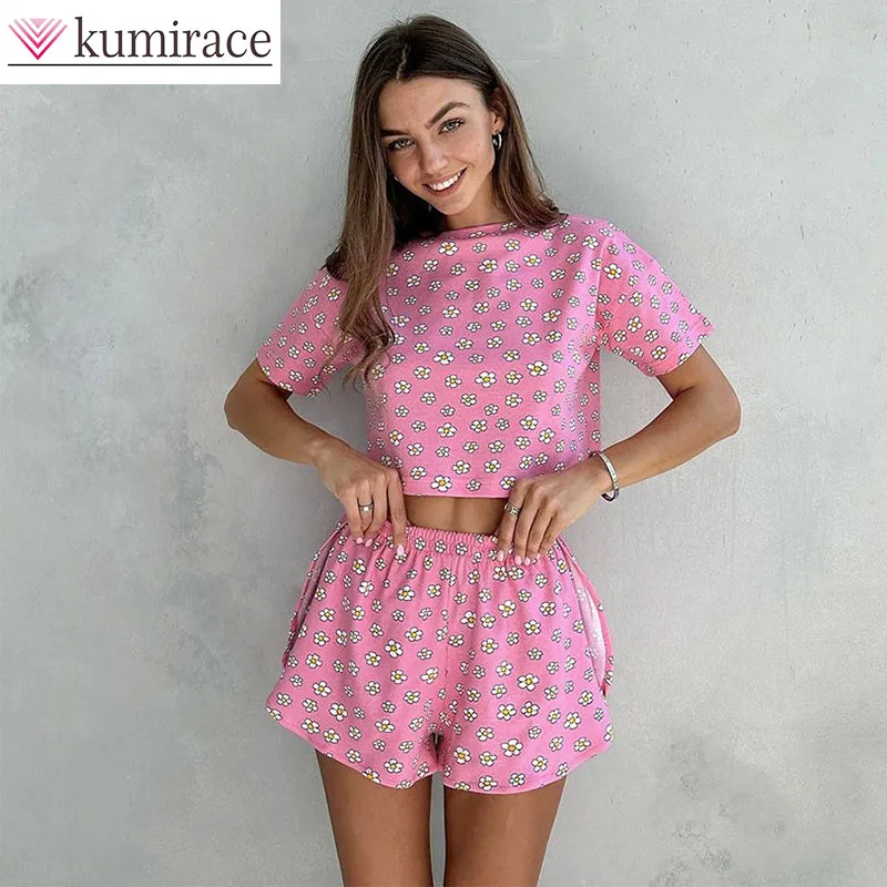 

Summer Elastic Breathable Round Neck Short Sleeved Shorts Pajamas Two-piece Set with Fresh Printed Women's Home Clothesshort Set