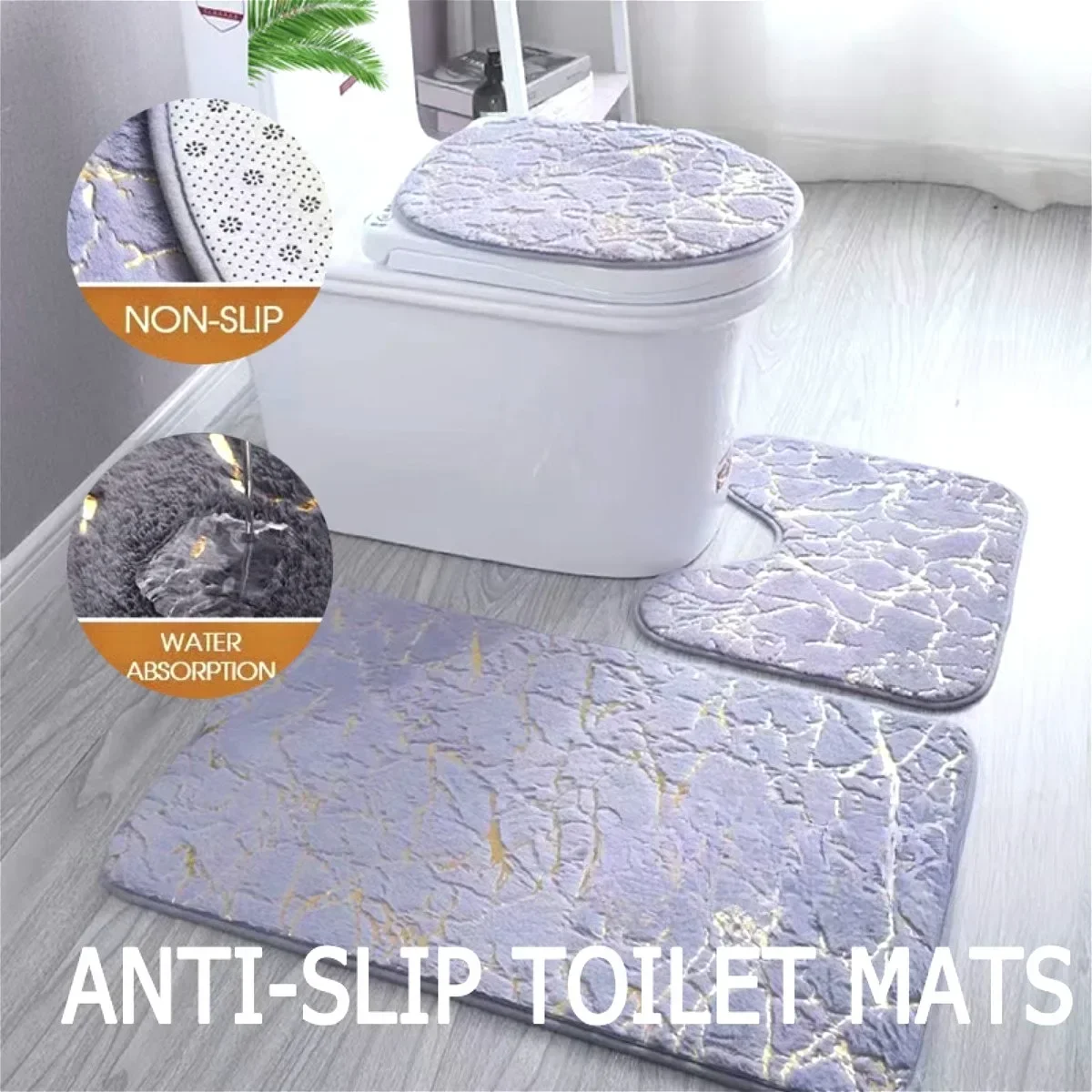 3 Piece Toilet Carpet Set Washable Gold Printing Anti Slip Rugs Toilet Cover Mat Set Living Room Bathroom Rugs Bathroom Decor