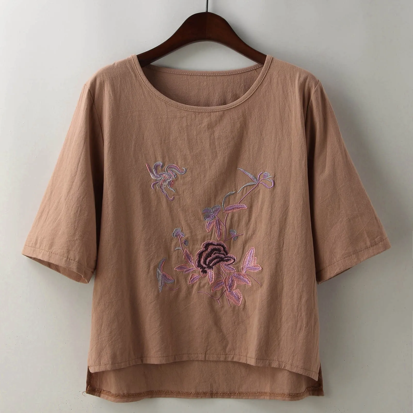 Blusa holgada de lino y algodón con estampado Floral para mujer, jersey de manga corta cómodo, camiseta que combina con todo, informal, nueva moda