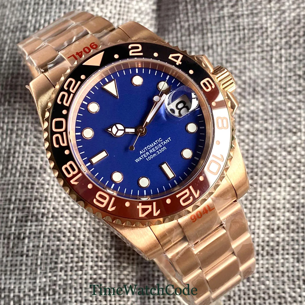 10ATM 40mm Sterile Men\'s Watch NH35A Mechanical Automatic Movement Rose Gold Plated Sapphire Crystal Date Blue Dial 316L Strap