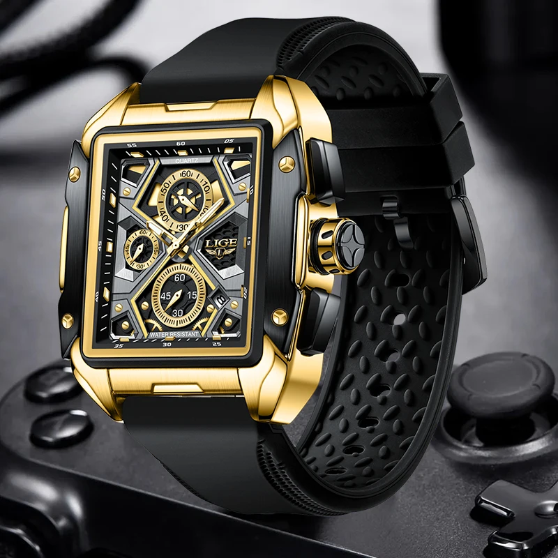 LIGE-Relógio Quadrado de Quartzo de Silicone Masculino, Impermeável, Casual, Esporte, Militar, Oco, Cronógrafo, Relógio, Caixa, Moda de Luxo