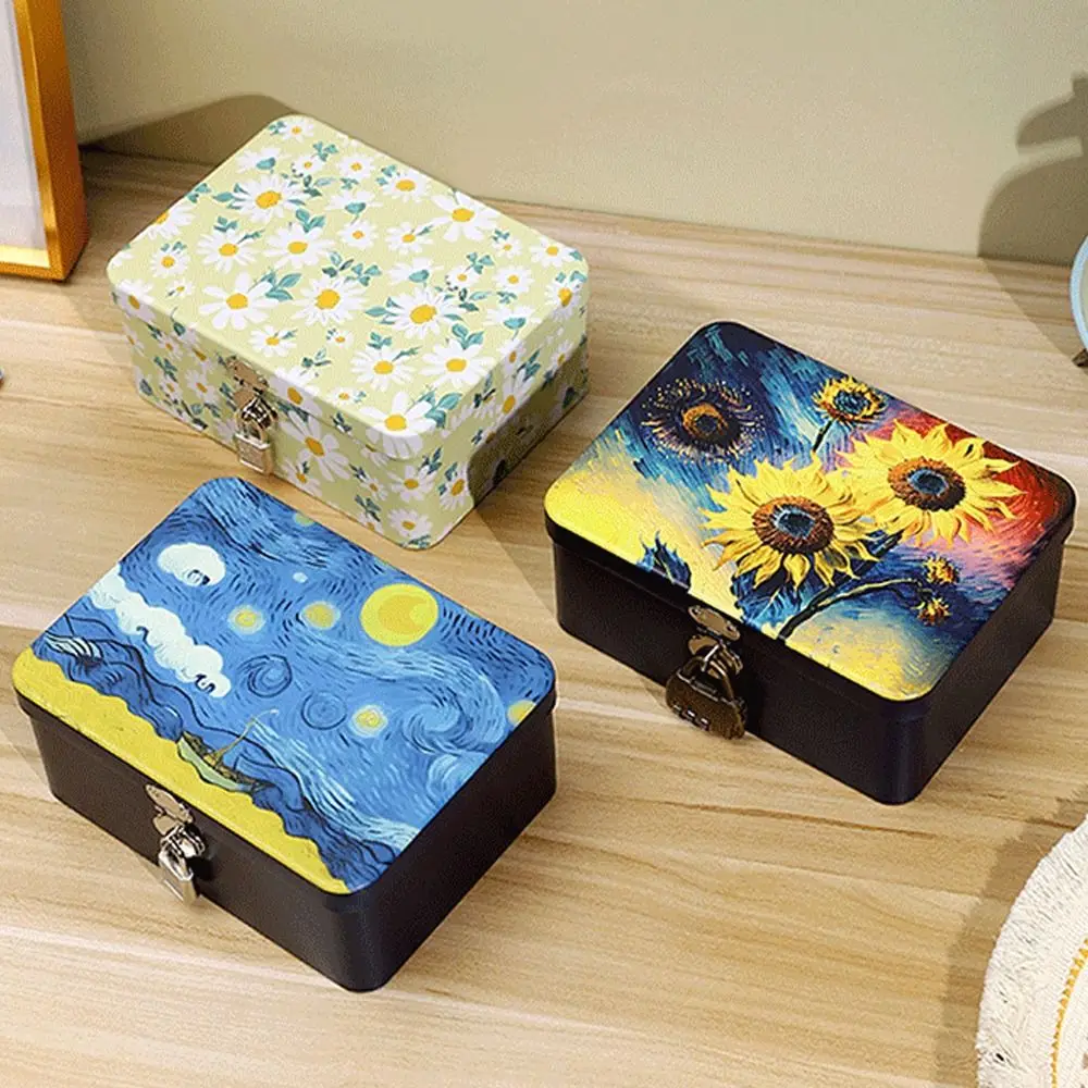 Durable Vintage Tinplate Box Large Capacity with Lock Key Desktop Storage Case Empty Box Household